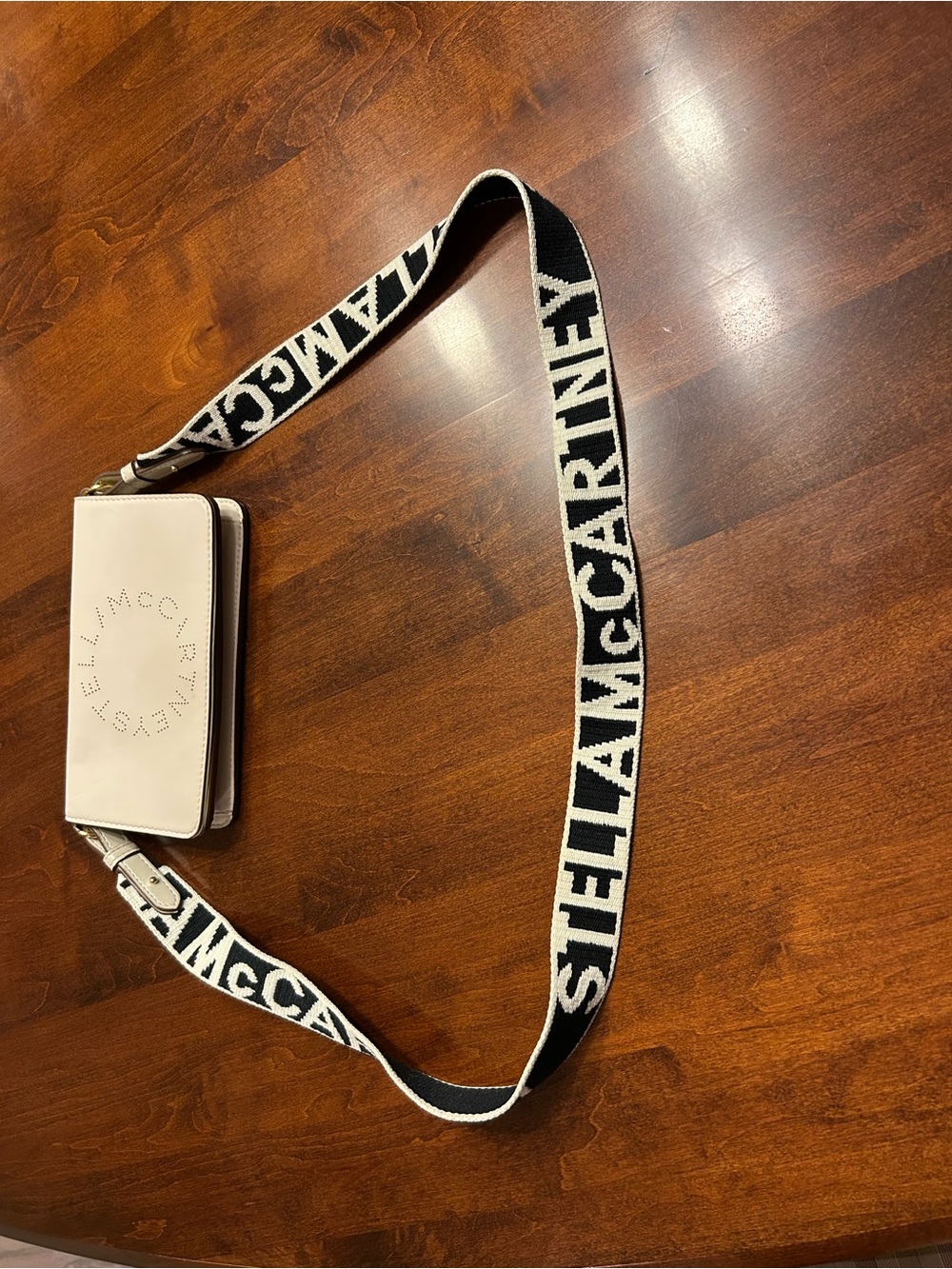 Authentic Stella McCartney Cream Crossbody Phone Bag with Black Logo Strap